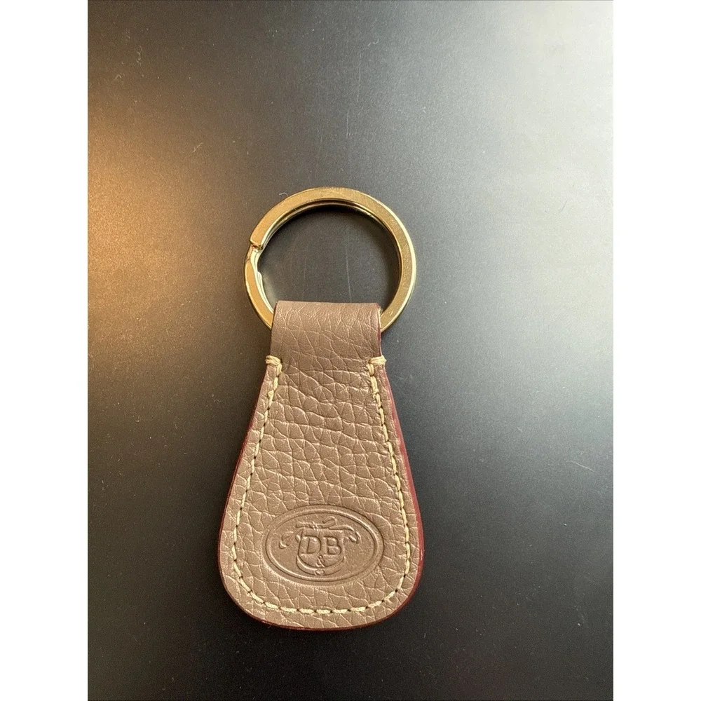 Dooney & Bourke Grey And Wine Leather Keychain  Gold Key Ring White Stitching